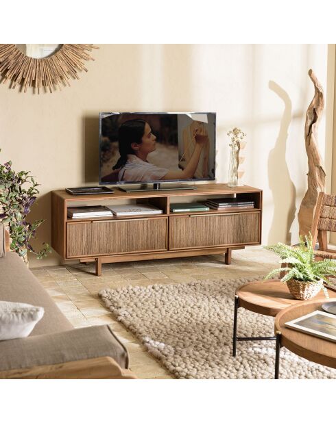 Meuble TV 2 tiroirs 2 niches en bois de teck recyclé Sixtine bois - 150x40x55 cm