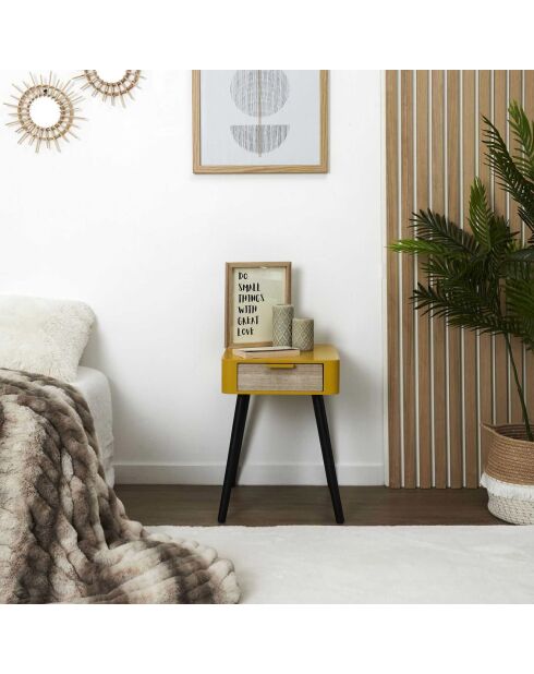 Chevet 1 tiroir en bois jaune moutarde/noir - 35x48x40 cm