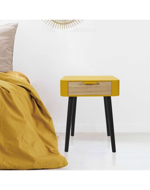 Chevet 1 tiroir en bois jaune moutarde/noir - 35x48x40 cm