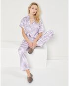 Pyjama satiné imprimé rayures violet/blanc