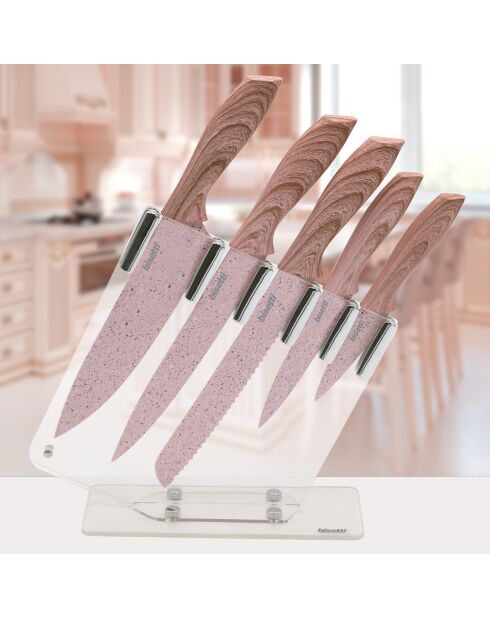 5 coltelli da cucina Stonerose rosa con supporto