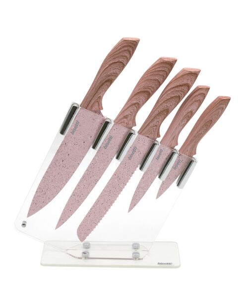 5 coltelli da cucina Stonerose rosa con supporto