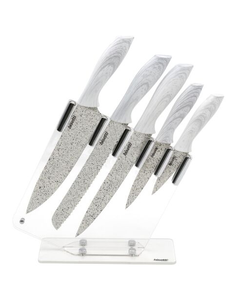 5 coltelli da cucina bianchi in pietra bianca con supporto
