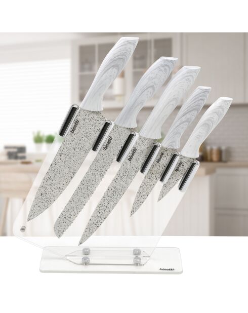 5 coltelli da cucina bianchi in pietra bianca con supporto