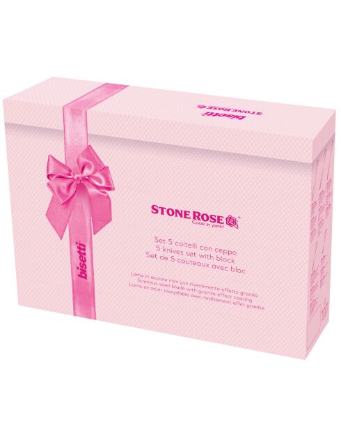 5 coltelli da cucina Stonerose rosa con supporto