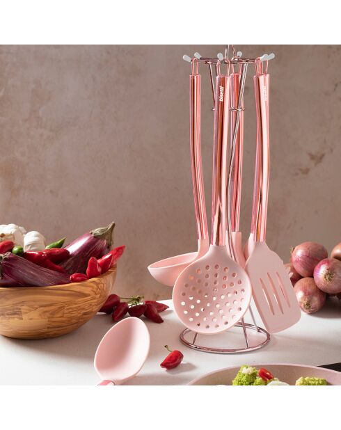 6 utensili da cucina Stonerose rosa con supporto