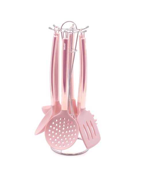 6 utensili da cucina Stonerose rosa con supporto