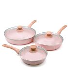 3 Poêles avec couvercle induction en aluminium forgé Stonerose roses - D.20/24/28 cm
