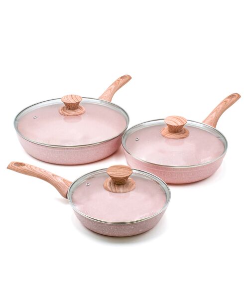 3 padelle a induzione in alluminio forgiato rosa Stonerose con coperchio - D.20/24/28 cm