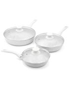3 Poêles avec couvercle induction en aluminium forgé Stone White blanches - D.20/24/28 cm