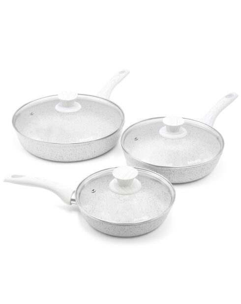 3 Poêles avec couvercle induction en aluminium forgé Stone White blanches - D.20/24/28 cm