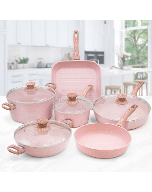 Batterie de cuisine induction en aluminium forgé Stonerose rose - 10 pièces