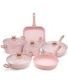 Batterie de cuisine induction en aluminium forgé Stonerose rose - 10 pièces