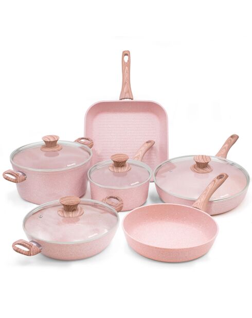 Batterie de cuisine induction en aluminium forgé Stonerose rose - 10 pièces