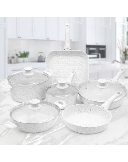 Batterie de cuisine induction en aluminium forgé Stone White blanche - 10 pièces