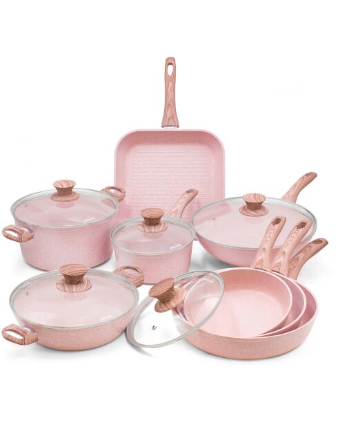 Batterie de cuisine induction en aluminium forgé Stonerose rose - 13 pièces