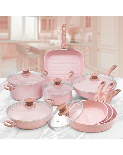 Batterie de cuisine induction en aluminium forgé Stonerose rose - 13 pièces