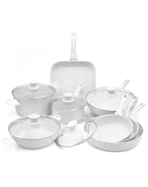 Batterie de cuisine induction en aluminium forgé Stone White blanche - 13 pièces