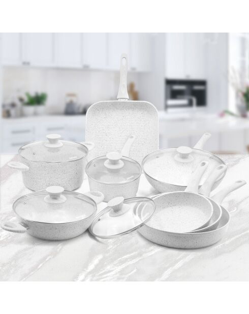 Batterie de cuisine induction en aluminium forgé Stone White blanche - 13 pièces