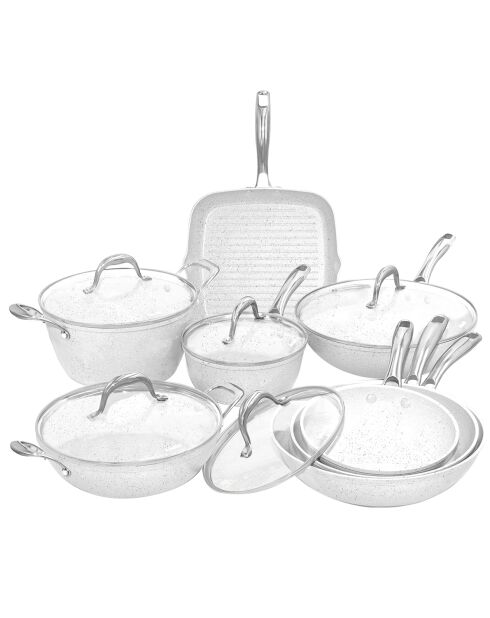 Batterie de cuisine induction en aluminium forgé Stone White blanche - 13 pièces