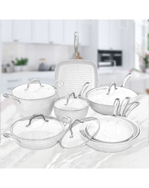 Batterie de cuisine induction en aluminium forgé Stone White blanche - 13 pièces