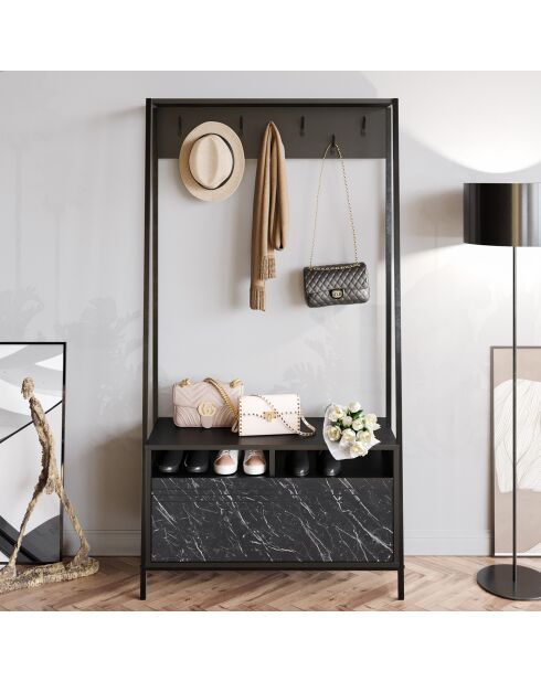 Meuble d'entrée Devin noir/marbré - 94x180x35.3 cm