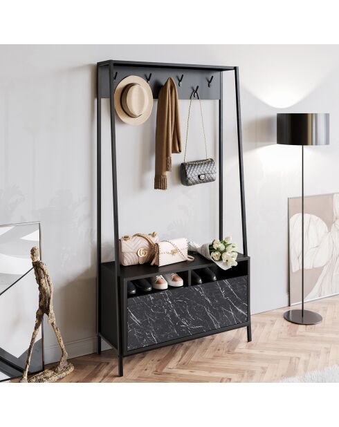 Meuble d'entrée Devin noir/marbré - 94x180x35.3 cm
