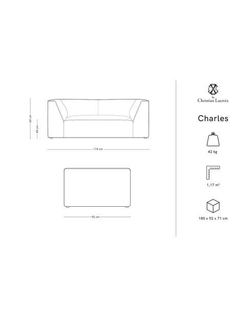 Canapé velours Charles 2 Places gris foncé  - 174x92x69 cm