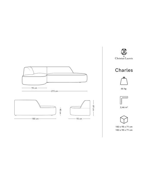 Canapé d'angle Gauche velours Charles 4 places gris foncé  - 273x180x69 cm