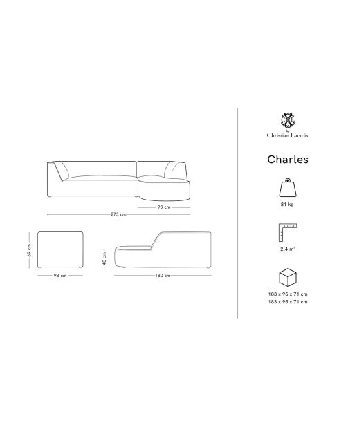 Canapé d'angle Droit velours Charles 4 places bleu foncé  - 273x180x69 cm