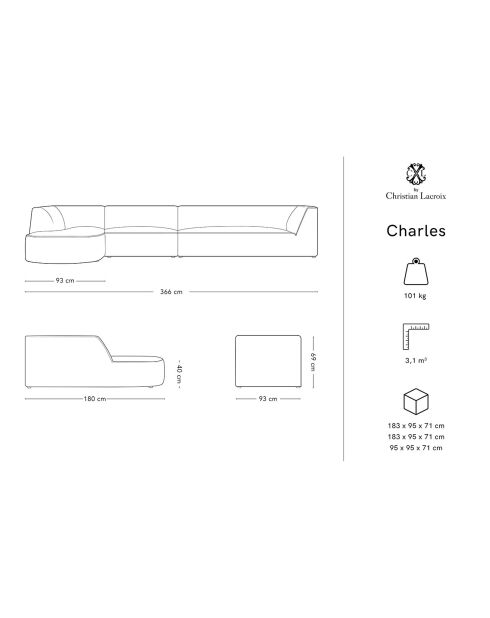 Canapé d'angle Gauche velours Charles 5 Places gris foncé  - 366x180x69 cm