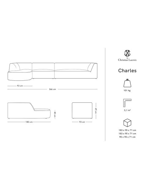 Canapé d'angle Gauche velours Charles 5 Places gris foncé  - 366x180x69 cm