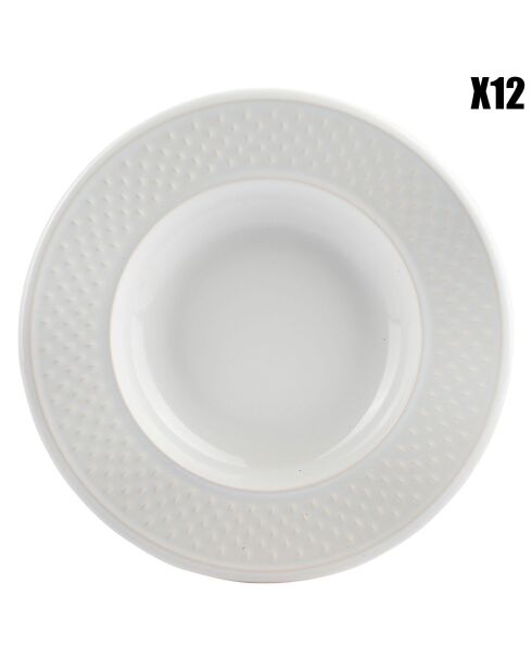 12 Assiettes creuses en Faïence Grain de riz blanches - D.22 cm