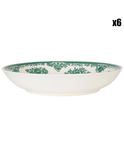 6 Assiettes creuses en Grès Toile de Printemps vertes - D.20.7 cm