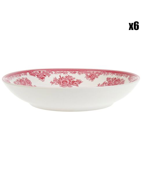 6 Assiettes creuses en Grès Toile de Printemps roses - D.21.7 cm