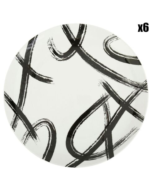 6 Assiettes plates en Porcelaine L'art du geste blanc/noir - D.26.8 cm