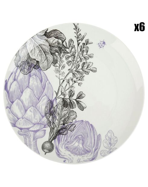 6 Assiettes plates en Porcelaine Dans mon jardin bleu/noir - D.26.8 cm