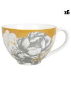 6 Tasses à café en Porcelaine Gravures colorées jaunes - 9cl