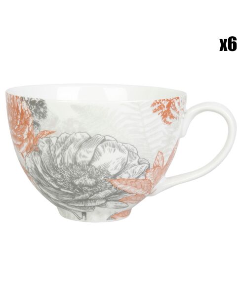 6 Tasses en Porcelaine Gravures colorées terracotta - 22cl