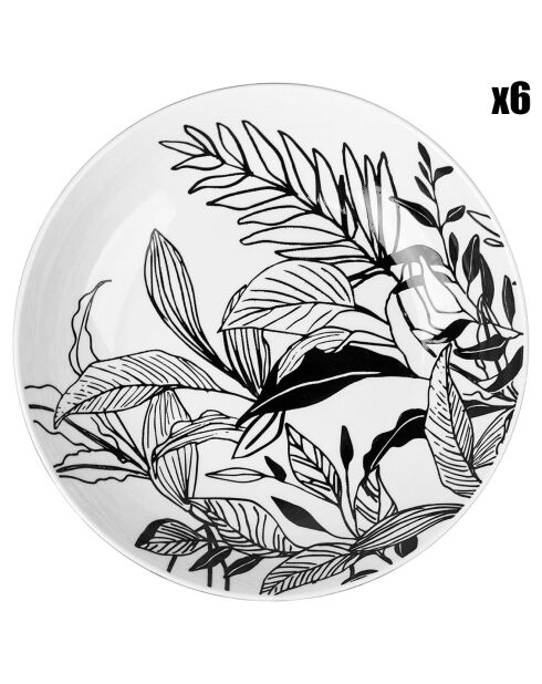 6 Assiettes creuses en Porcelaine Esquisses Végétales blanc/noir - D.20.2 cm