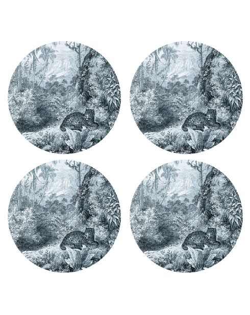 4 ronde blauwe placemats met luipaard - D.40 cm