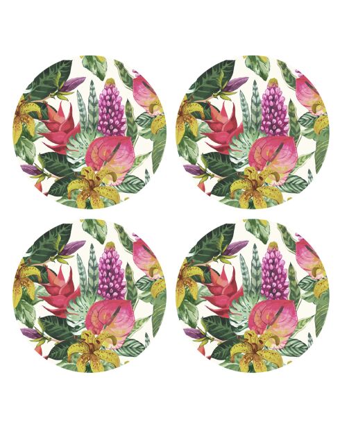 4 manteles individuales redondos multicolores para jardín tropical - D.40 cm