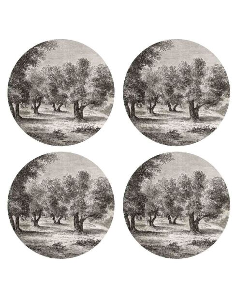 4 Sets de table ronds arbre champêtre noir/blanc - D.40 cm