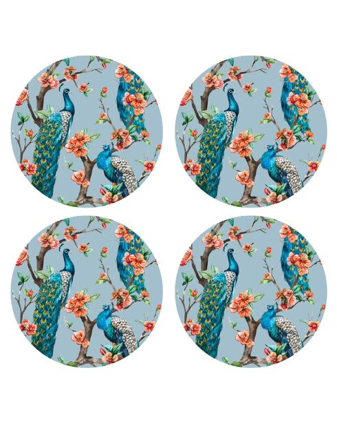 4 mehrfarbige Pfauen-Tischsets - D.40 cm