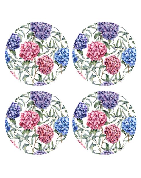 4 manteles individuales redondos de hortensias multicolores - D.40 cm