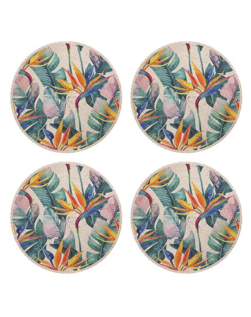 4 Sets de table ronds en osier fleur de paradis multicolores - D.40 cm