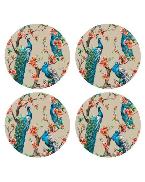 4 Sets de table Peacock ronds 3 multicolores - D.40 cm