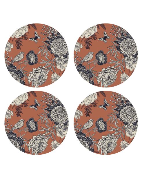 4 veelkleurige placemats met 4 ronde vogels - D.40 cm