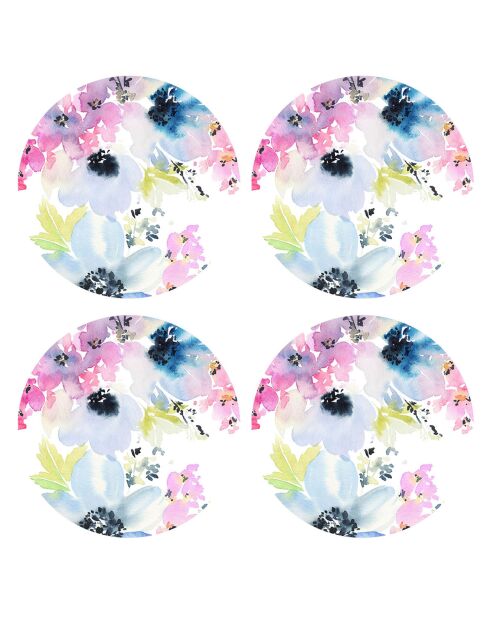 4 Sets de table ronds gravés fleurs aquarelle multicolores - D.40 cm