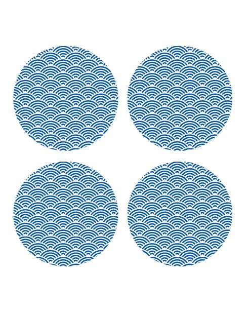4 ronde placemats Japanese waves 3 blauw - D.40 cm